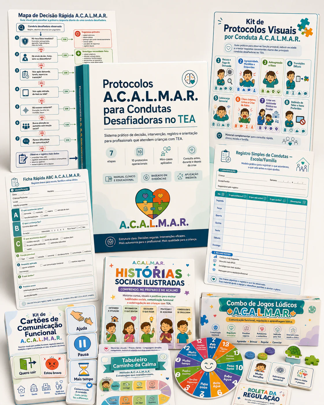 Mockup completo do Kit A.C.A.L.M.A.R. com manual, protocolos, fichas, jogos e histórias sociais